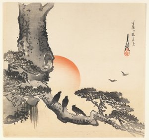 Krager på en træstamme, Meiji-perioden, ca. 1890-1910 (træblok i farver)