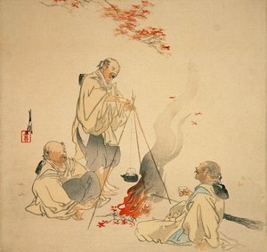 Drinking Sake under a Maple Tree, ca. 1890-1900-tallet (træbloktryk i farver) af Ogata Gekko