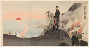 Officerer og mænd, der beundrer den opgående sol, mens de bivuackerer i bjergene i Port Arthur af Ogata Gekko