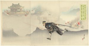 Onoguchi, de dood trotserend, om de poort af det vijandelijke fort op te blazen. (titel på objekt) af Ogata Gekko