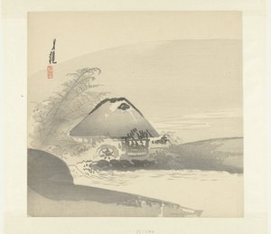 Flodlandskab, hvor et hus med et vandhjul af Ogata Gekko