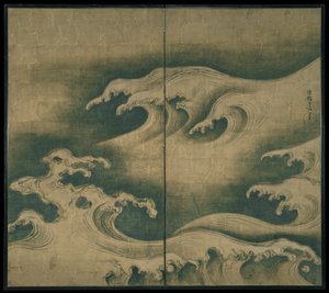 Rough Waves, foldeskærm med to paneler, ca.1704-9 (blæk, farve og bladguld på papir)