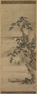 Månebelyst landskab af fyrretræ med gammel mand i båd, Muromachi-perioden, 1392-1573. af Oguri Sotan