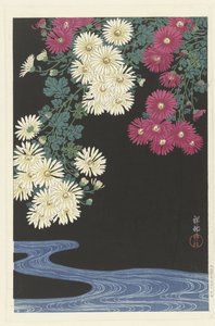 Krysantemum og rindende vand af Ohara Koson