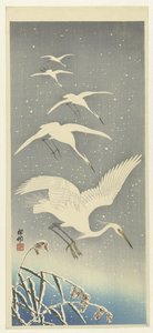 Nedstigende hejrer i sne af Ohara Koson
