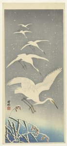 Nedstigende hejrer i sne af Ohara Koson