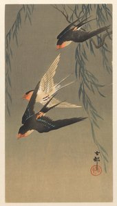 Tre rødbagte svaler i et dyk af Ohara Koson