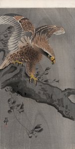 Ørn med spredte vinger på træstamme (farvet træbloktryk) af Ohara Koson