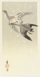Hvidgæs flyver i sneen af Ohara Koson
