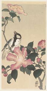 Stormejse på gren med lyserøde blomster af Ohara Koson