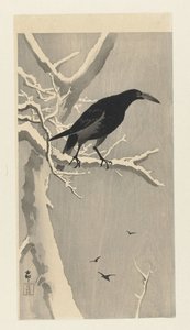 Krage på snedækket trægren. af Ohara Koson