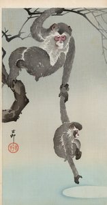 Abe og baby rækker ud efter refleksionen af månen af Ohara Koson