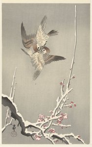 Spurve og snedækket blommetræ af Ohara Koson