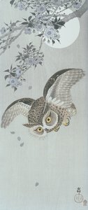 Scoop ugle i flugt med blomst og fuldmåne (farvet træblok print) af Ohara Koson