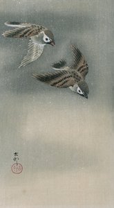 Spurve under flugten (farvet træbloktryk) af Ohara Koson