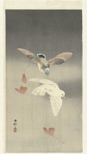 To duer med faldende ginkgoblade af Ohara Koson
