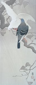 To duer i regnen på en gren af et ginkgotræ af Ohara Koson