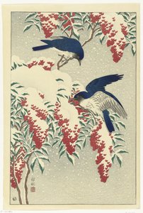 Fluesnappere på en nandina-busk af Ohara Koson