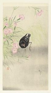 Morhøne ved blomstrende plante af Ohara Koson