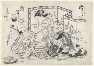 Japansk mand og kvinde ryger foran en foldeskærm af Okumura Masanobu (attributed to)