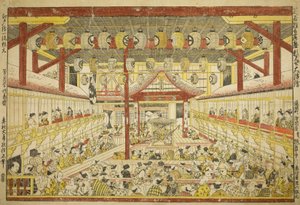 Stort perspektivbillede af Kaomise-forestillingen på Kabuki-scenen af Okumura Masanobu