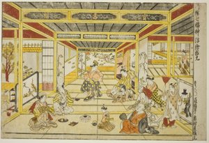 Originalt perspektivbillede af de fashionable syv lykkeguder (Furyu shichi fukujin uki-e kongen) af Okumura Masanobu