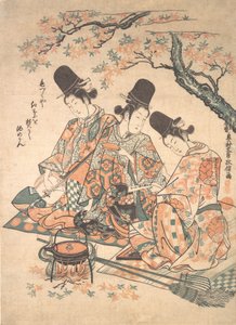 Parodi på paladstjenere, der opvarmer Sake over en ild af ahornblade, ca. 1750., ca. 1750. af Okumura Masanobu