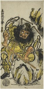 Shoki the Demon Queller Sharpening His Sword, ca. 1725 (håndfarvet træbloktryk; hosoban, urushi-e) af Okumura Masanobu