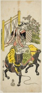 Skuespilleren Sanogawa Ichimatsu I som Kumenosuke i stykket "Nanohana Akebono Soga," opført på Nakamura Theatre i anden måned, 1741 af Okumura Masanobu