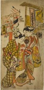 Skuespillerne Sanjo Kantaro II som Osome og Ichikawa Monnosuke som Hisamatsu i stykket "Osome Hisamatsu Tamoto no Shiro Shibori", opført på Morita-teatret, 1720 af Okumura Masanobu