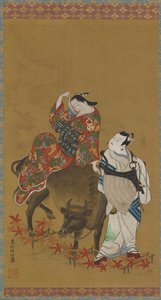 To kabuki-skuespillere i rollerne som en kurtisane på en vandbøffel og en rejsende præst, 1686-1764. af Okumura Masanobu