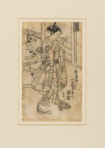 Træbloktryk - Onoe Kikingoro I som kvinde læser en bog, 1700-tallet af Okumura Masanobu