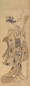 Yaoya O Shichi stående, holder et kærlighedsbrev og en Battledore, ca. 1748., ca. 1748. af Okumura Masanobu
