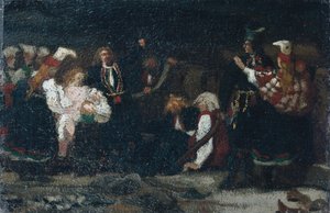 Fight in a Farmyard (olie på lærred) af Olaf Isaachsen