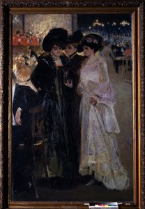 Cafe i Paris (Frankrig). (Café i Paris). Natscene, tre kvinder taler midt i en menneskemængde ved bordet, i det fjerne, et orkester og byens gadelygter. Maleri af Alexander Alexandrovich Murashko (Alexander Murashko) (1875-1919), olie på lærred af Oleksandr Murashko