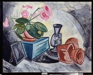 Stilleben med lyserøde blomster. Maleri af Olga Vladimirovna Rozanova (1886-1918), olie på lærred