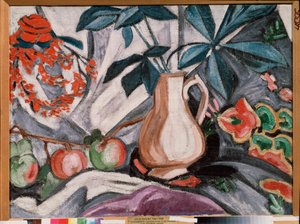 Stilleben med en vase og æbler - Stilleben med en kande og æbler - Maleri af Olga Vladimirovna Rozanova (1886-1918), olie på lærred - Russisk kunst, slutningen af ​​det 19.-begyndelsen af ​​det 20. århundrede, avantgarde - Det russiske statsmuseum, Sankt P