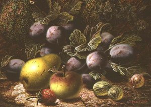 Stilleben med blommer, stikkelsbær, æble, pære og jordbær