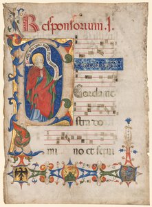 Blad fra et antifonarium: Historikert indledende P med profeten Samuel; Våben fra Visconti-familien og Olivetanordenen af Olivetan Master