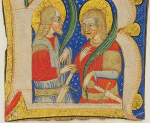 Manuskriptskæring af blade, der viser en oplyst initial R med St. Protasius og St. Gervasius, midten af 15. af Olivetan Master
