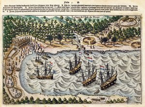 Udsigt over hollandsk skib i havnen, ca. 1598-1602 af Olivier van Noort