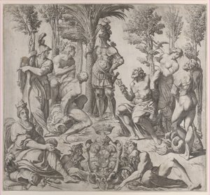 Allegorisk komposition med seks olympiske guder samlet omkring en skikkelse i rustning, 1615-35., 1615-35. af Oliviero Gatti