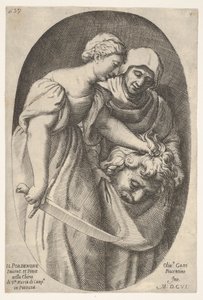 Judith med hovedet af Holofernes i venstre hånd og et sværd i højre hånd, akkompagnement..., 1606. af Oliviero Gatti