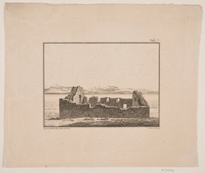 Kirkeruin på Grønland. Illustration til W.A. Graah. Undersøgelsesrejse til østkysten af Grønland af Oluf Olufsen Bagge