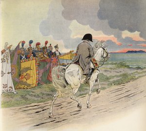 Imaginært billede af Napoleon på hesteryg, der modtager respekt fra Europas soldater af Onfray de Breville Job