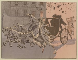 Napoleon har en mirakuløs flugt fra eksplosionen af en bombe, maskininfernalen, på Rue Saint-Nicaise, Paris, 24. december 1800 af Onfray de Breville Job