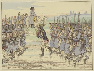 Napoleon ser på som hærens sidste kontingent i det franske felttog, marcherer forbi nær Reims, 16. marts 1814 af Onfray de Breville Job