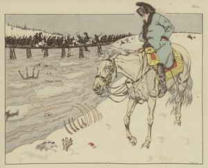 Napoleon ser resterne af sin Grand Armee rossing the River Berezina på tilbagetoget fra Moskva, 1812 af Onfray de Breville Job
