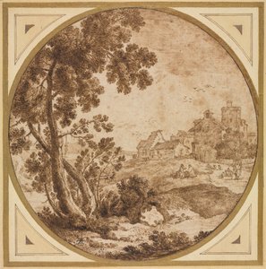 Landskab med bygninger og figurer, anden halvdel 1600-tallet.