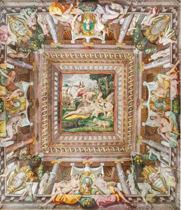 Udsigt over loftet i Adonis-værelset og mindestenene for familiemedlemmerne Rossi, Gonzaga, Riario og Medici, Rocca dei Rossi, San Secondo, Parma, Italien af Orazio (attr.to) Samacchini